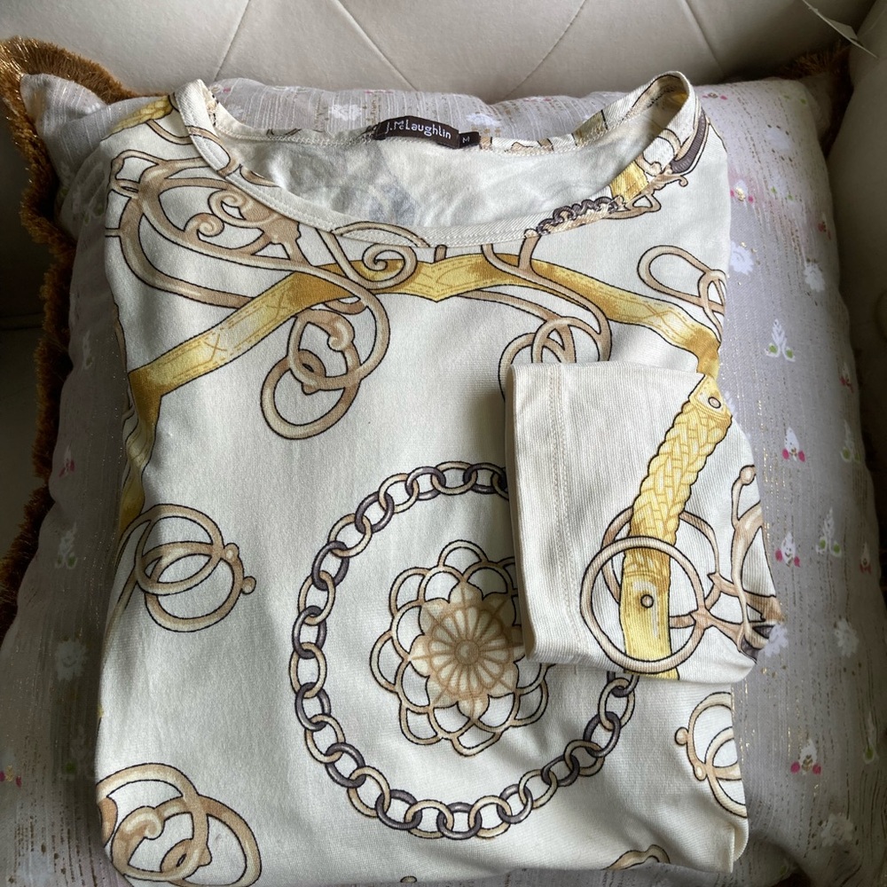 J. McLaughlin Cream & Gold SILK 3/4 Sleeve Chain & Medallion Equestrian Top - Picture 7 of 11